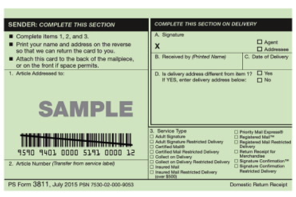 Domestice Return Receipt Postcard form 3811