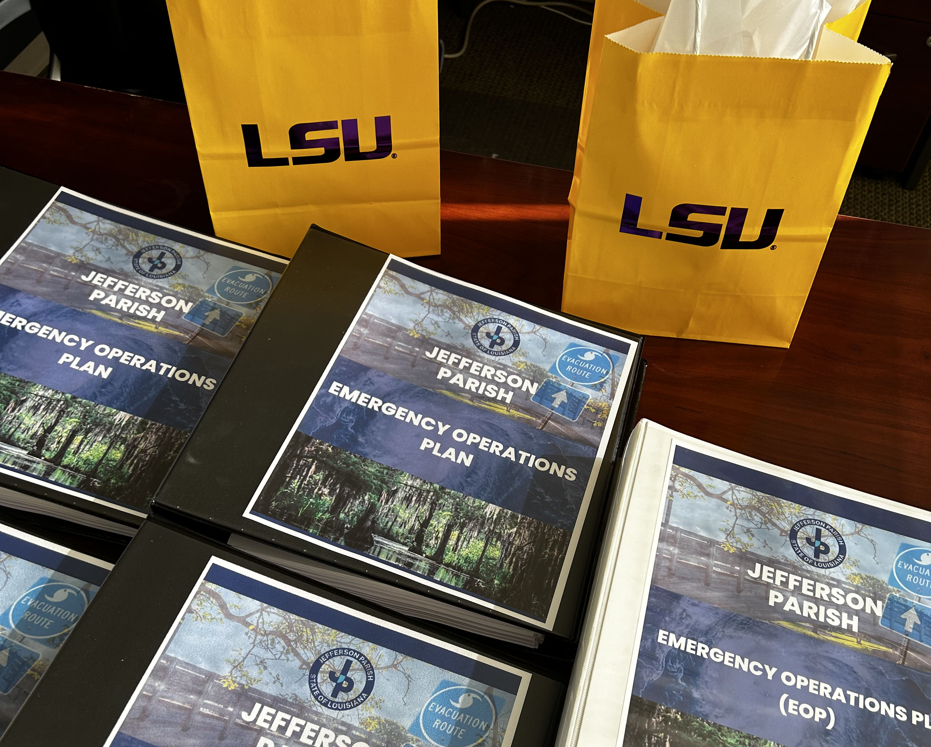 Copies of a Jefferson Parish EOP on a table