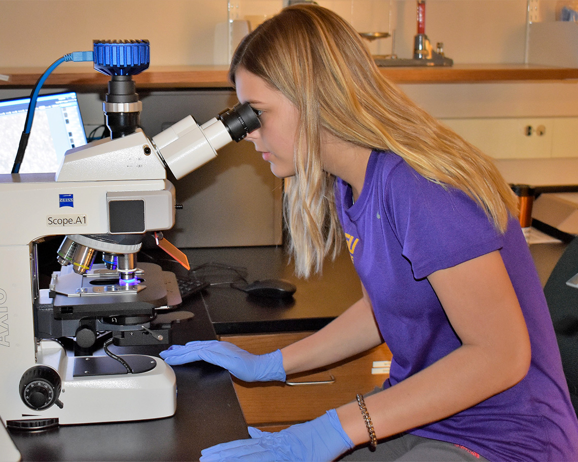 a student on a microscope