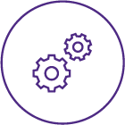 Purple Icon with two purple gears inside a circular border, with one gear larger than the other.