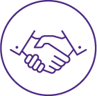 A purple outline of two hands shaking inside a circle, symbolizing cooperation or partnership.