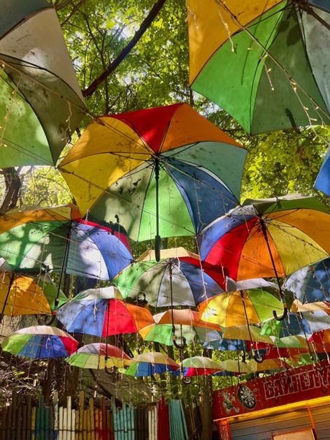 umbrellas and lights suspended above a courtyard