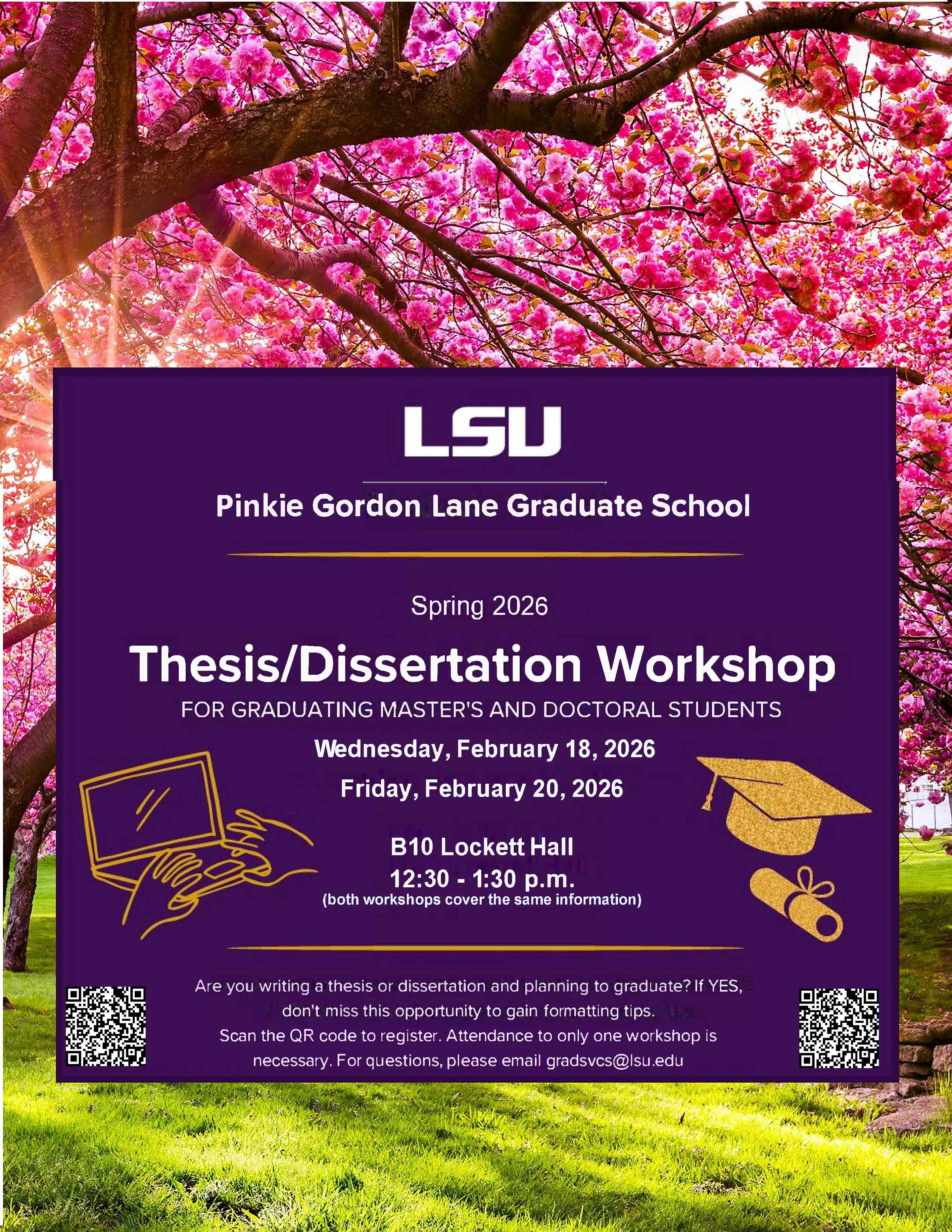LSU thesis and dissertation workshop flyer for Spring 2026 graduating students.